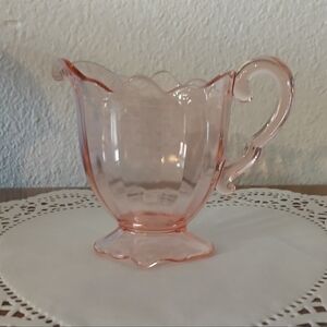 Pink Glass Creamer Set w/ Scalloped Rim